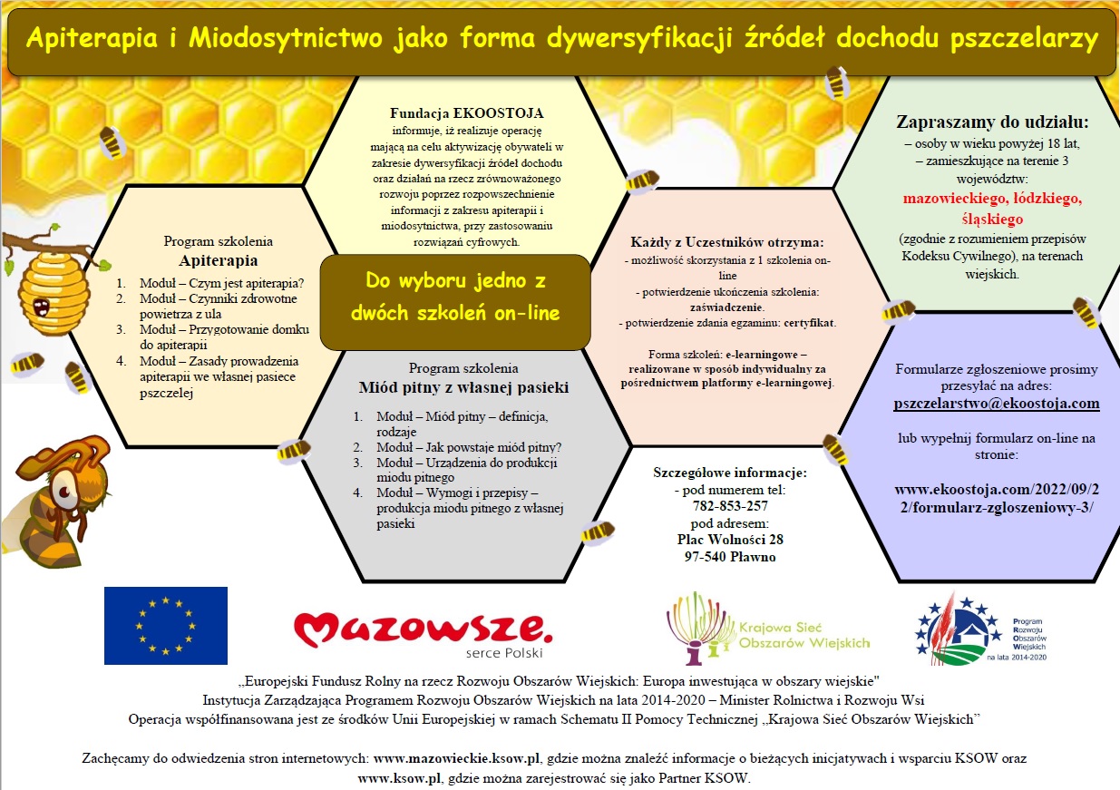 Plakat promujący operację „Apiterapia i Miodosytnictwo jako forma dywersyfikacji źródeł dochodu pszczelarzy” 