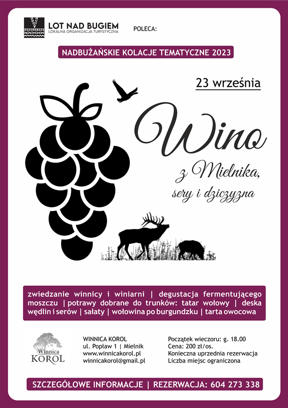 Nadbużańskie Kolacje Tematyczne 2023 - Wino z Mielnika, sery i dziczyzna - plakat