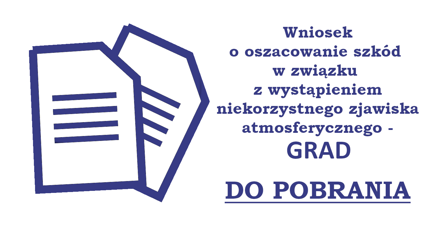 Grafika przedstawiająca odnośnik do strony dotyczącej wniosku o oszacowanie szkód w związku z wystąpieniem niekorzystnego zjawiska atmosferycznego - GRAD