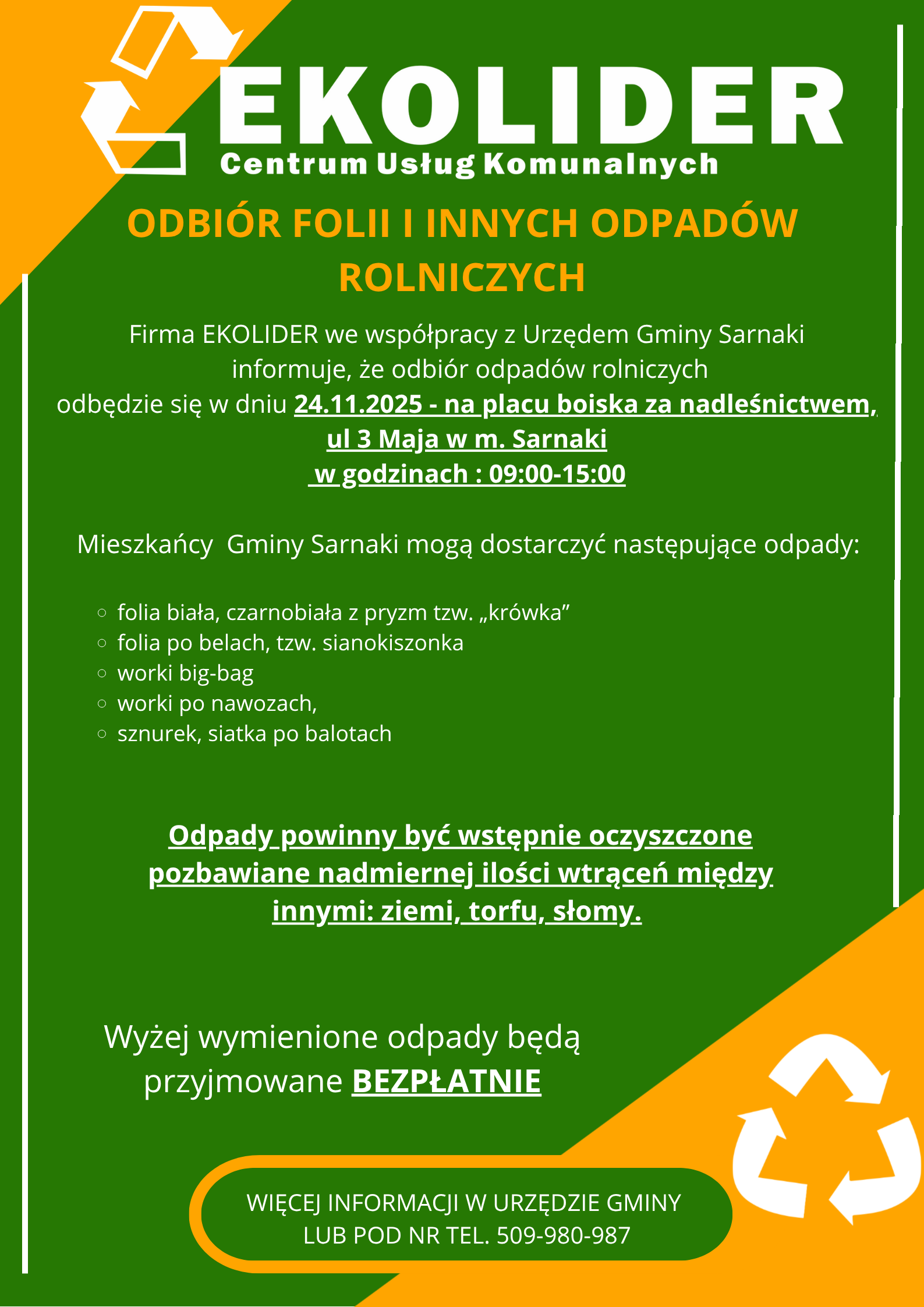 Ogłoszenie firmy Ekolider odnośnie odbioru folii i innych odpadów rolniczych od mieszkańców Gminy Sarnaki